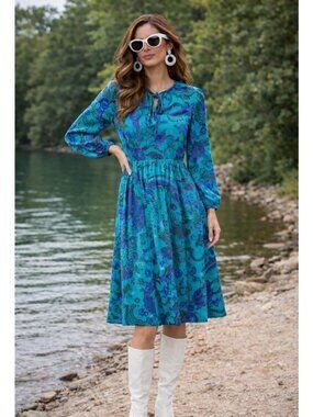 1980s KEVIN STUART PETITES psychedelic midi dress blue green abstract vintage
